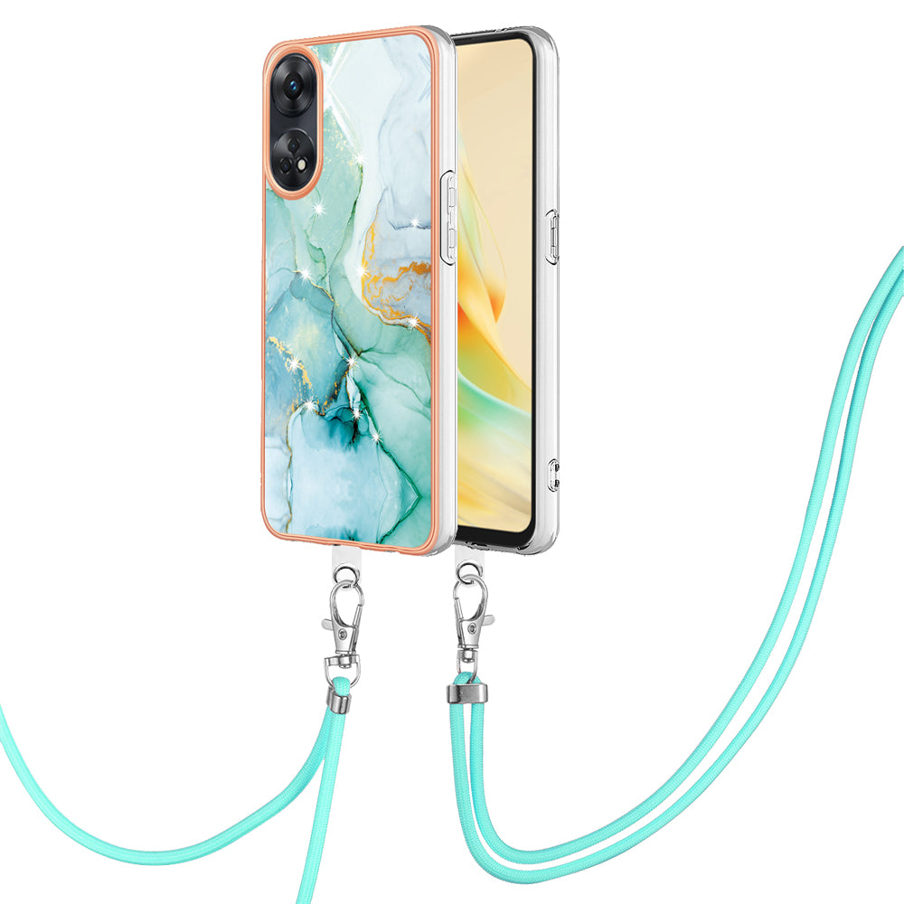 YB IMD Series-9 Electroplated TPU Cover for Oppo Reno8 T 4G Marble Pattern IMD Phone Case with Lanyard - Green 003 YB IMD Series-9 Electroplated TPU Cover for Oppo Reno8 T 4G Marble Pattern IMD Phone Case with Lanyard - Green 003